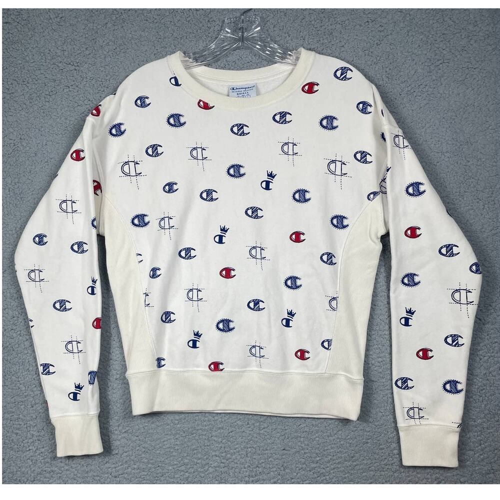 Champion Women's Printed White Pull Over Size S All over print Sweatshirt Top